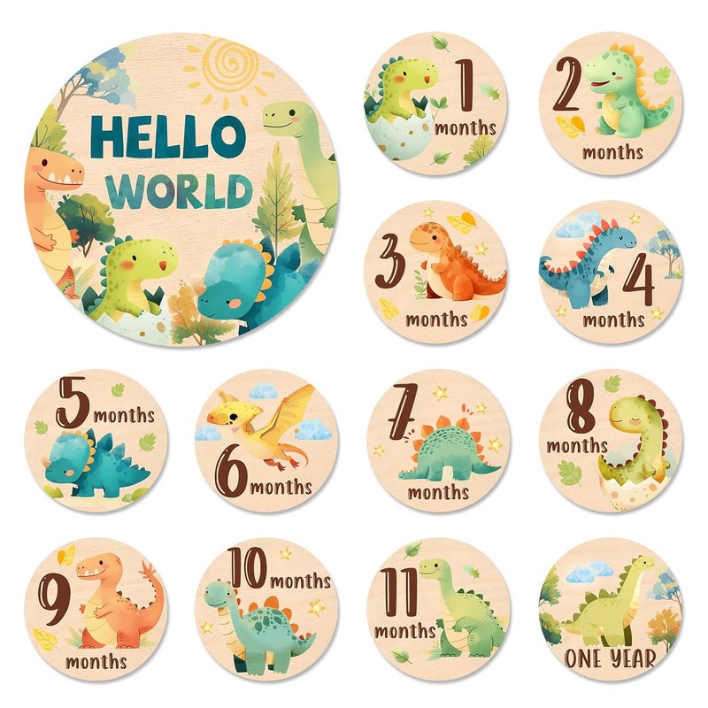 MCIAONE Baby Monthly Milestone Cards Sign - 13Pcs Double Sided Dinosaur Milestone Cards, Dino Pattern Wooden Circles Discs for Photo Props Newborn Announcement Marker, Baby Shower Newborn Sign Card Gift Set - Image 1